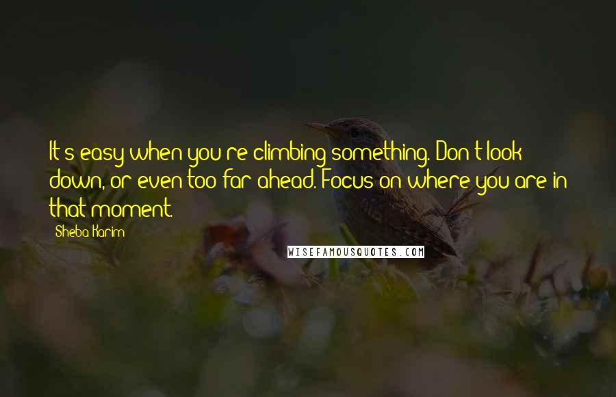 Sheba Karim Quotes: It's easy when you're climbing something. Don't look down, or even too far ahead. Focus on where you are in that moment.