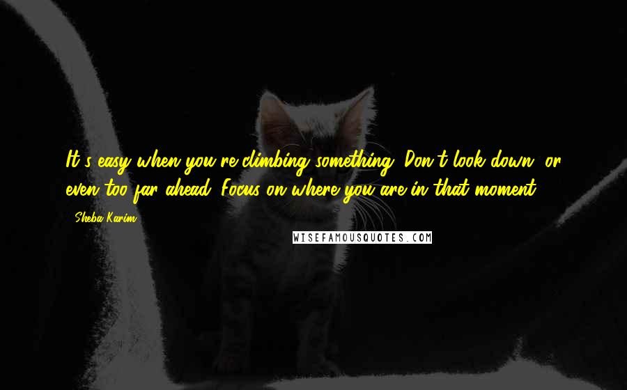 Sheba Karim Quotes: It's easy when you're climbing something. Don't look down, or even too far ahead. Focus on where you are in that moment.