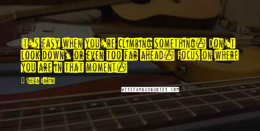 Sheba Karim Quotes: It's easy when you're climbing something. Don't look down, or even too far ahead. Focus on where you are in that moment.