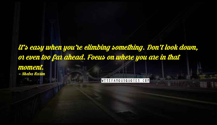 Sheba Karim Quotes: It's easy when you're climbing something. Don't look down, or even too far ahead. Focus on where you are in that moment.