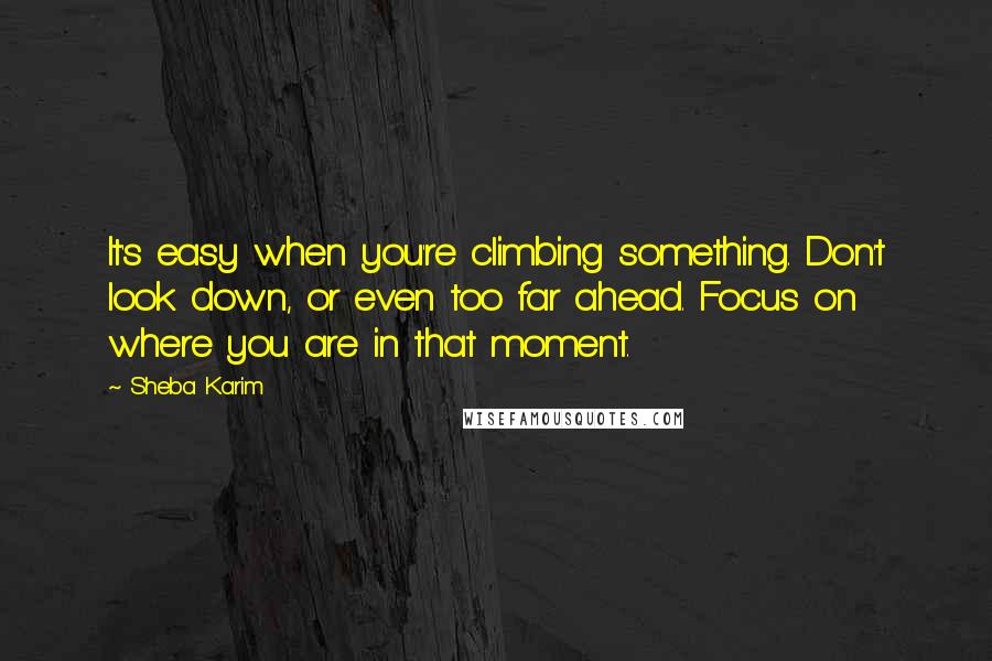 Sheba Karim Quotes: It's easy when you're climbing something. Don't look down, or even too far ahead. Focus on where you are in that moment.