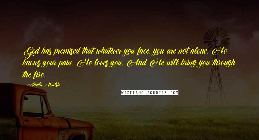 Sheila Walsh Quotes: God has promised that whatever you face, you are not alone. He knows your pain. He loves you. And He will bring you through the fire.