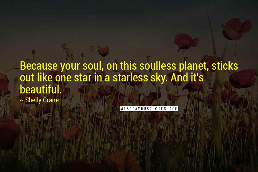 Shelly Crane Quotes: Because your soul, on this soulless planet, sticks out like one star in a starless sky. And it's beautiful.