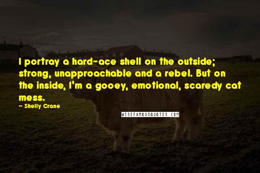 Shelly Crane Quotes: I portray a hard-ace shell on the outside; strong, unapproachable and a rebel. But on the inside, I'm a gooey, emotional, scaredy cat mess.