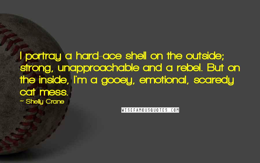 Shelly Crane Quotes: I portray a hard-ace shell on the outside; strong, unapproachable and a rebel. But on the inside, I'm a gooey, emotional, scaredy cat mess.