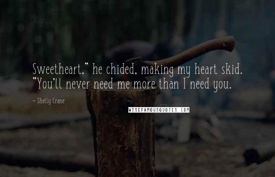Shelly Crane Quotes: Sweetheart," he chided, making my heart skid. "You'll never need me more than I need you.