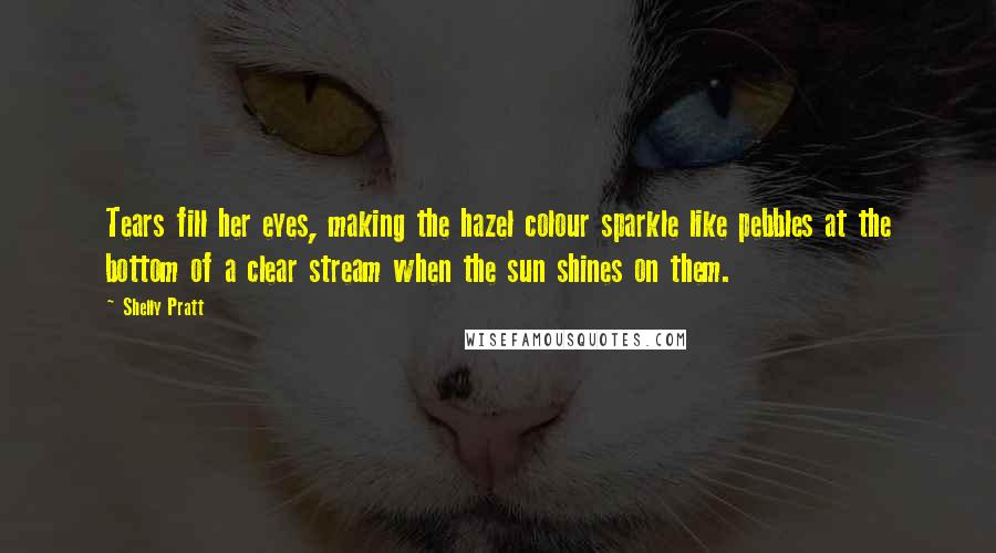 Shelly Pratt Quotes: Tears fill her eyes, making the hazel colour sparkle like pebbles at the bottom of a clear stream when the sun shines on them.