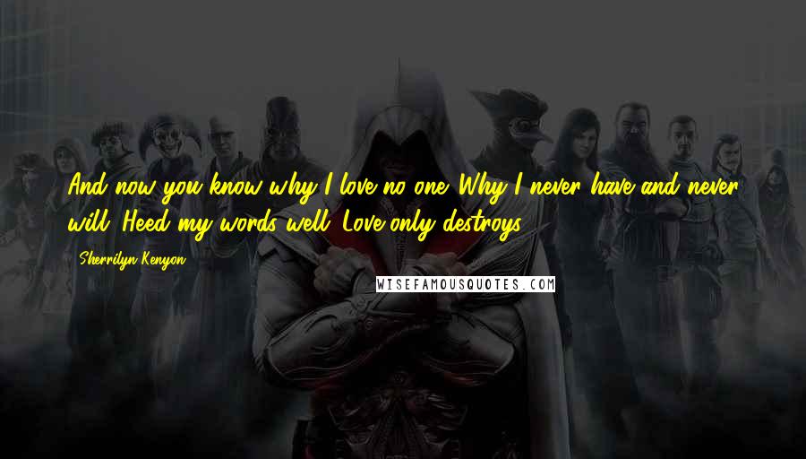 Sherrilyn Kenyon Quotes: And now you know why I love no one. Why I never have and never will. Heed my words well. Love only destroys.