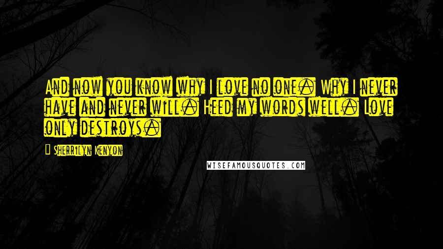 Sherrilyn Kenyon Quotes: And now you know why I love no one. Why I never have and never will. Heed my words well. Love only destroys.