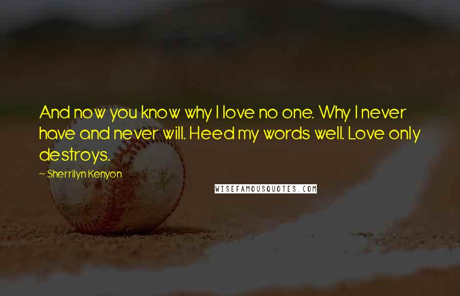 Sherrilyn Kenyon Quotes: And now you know why I love no one. Why I never have and never will. Heed my words well. Love only destroys.
