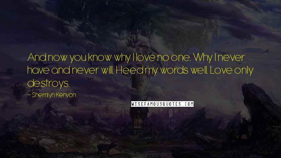 Sherrilyn Kenyon Quotes: And now you know why I love no one. Why I never have and never will. Heed my words well. Love only destroys.