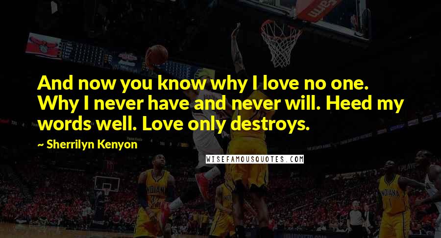 Sherrilyn Kenyon Quotes: And now you know why I love no one. Why I never have and never will. Heed my words well. Love only destroys.