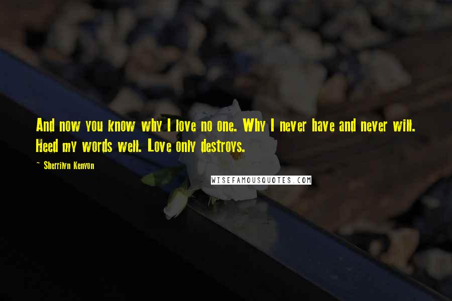 Sherrilyn Kenyon Quotes: And now you know why I love no one. Why I never have and never will. Heed my words well. Love only destroys.