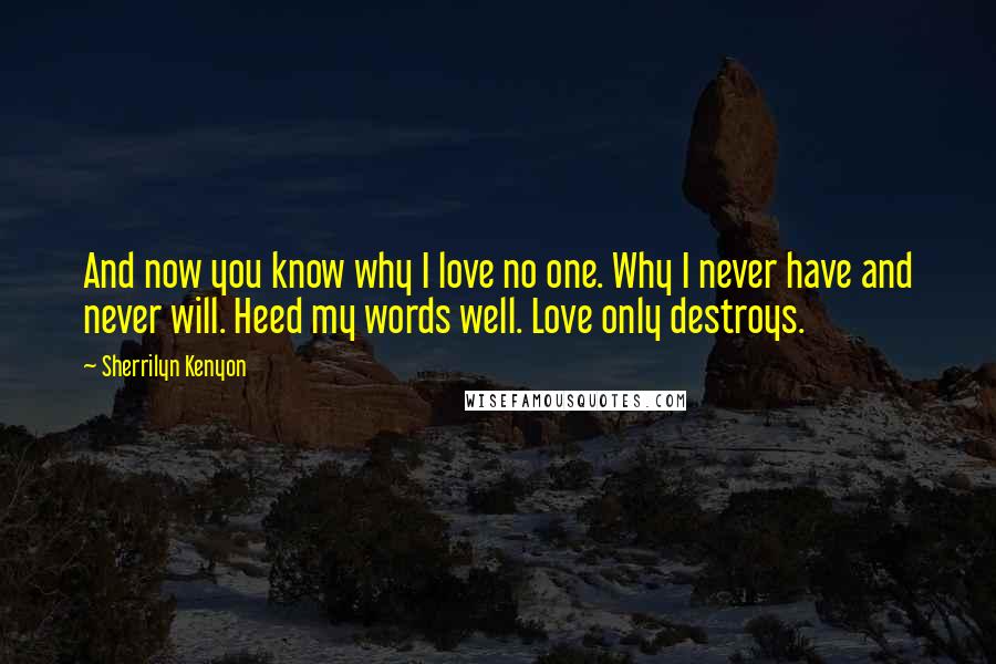 Sherrilyn Kenyon Quotes: And now you know why I love no one. Why I never have and never will. Heed my words well. Love only destroys.