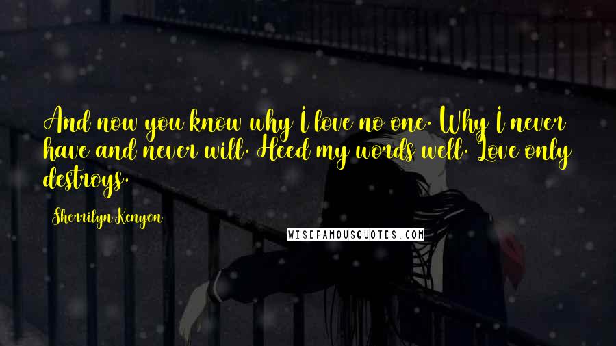 Sherrilyn Kenyon Quotes: And now you know why I love no one. Why I never have and never will. Heed my words well. Love only destroys.