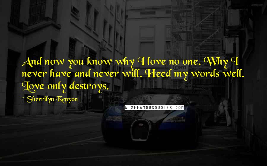 Sherrilyn Kenyon Quotes: And now you know why I love no one. Why I never have and never will. Heed my words well. Love only destroys.