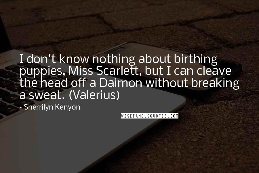 Sherrilyn Kenyon Quotes: I don't know nothing about birthing puppies, Miss Scarlett, but I can cleave the head off a Daimon without breaking a sweat. (Valerius)