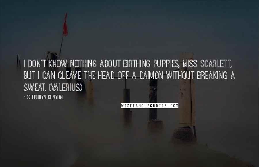 Sherrilyn Kenyon Quotes: I don't know nothing about birthing puppies, Miss Scarlett, but I can cleave the head off a Daimon without breaking a sweat. (Valerius)