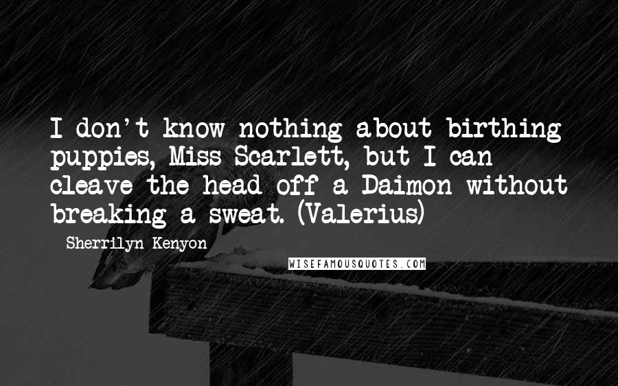 Sherrilyn Kenyon Quotes: I don't know nothing about birthing puppies, Miss Scarlett, but I can cleave the head off a Daimon without breaking a sweat. (Valerius)