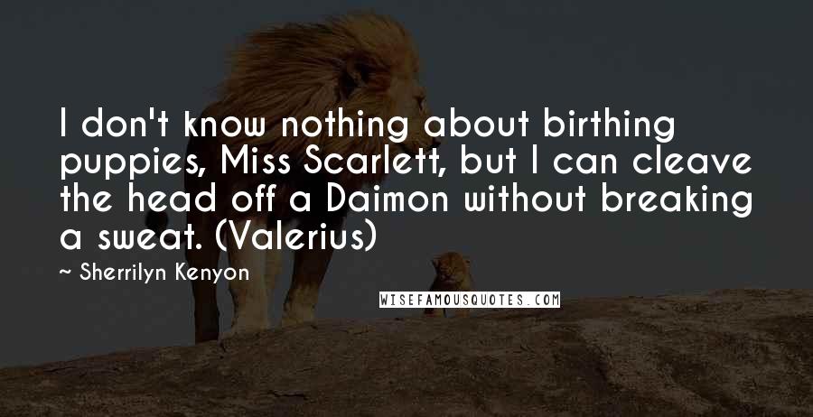 Sherrilyn Kenyon Quotes: I don't know nothing about birthing puppies, Miss Scarlett, but I can cleave the head off a Daimon without breaking a sweat. (Valerius)