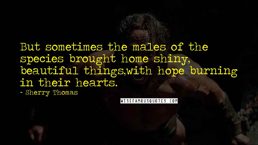 Sherry Thomas Quotes: But sometimes the males of the species brought home shiny, beautiful things,with hope burning in their hearts.