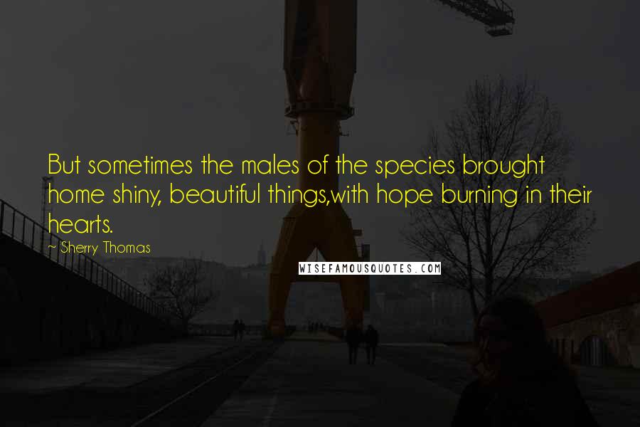 Sherry Thomas Quotes: But sometimes the males of the species brought home shiny, beautiful things,with hope burning in their hearts.