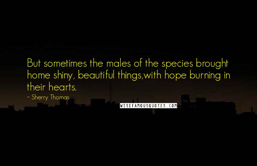 Sherry Thomas Quotes: But sometimes the males of the species brought home shiny, beautiful things,with hope burning in their hearts.