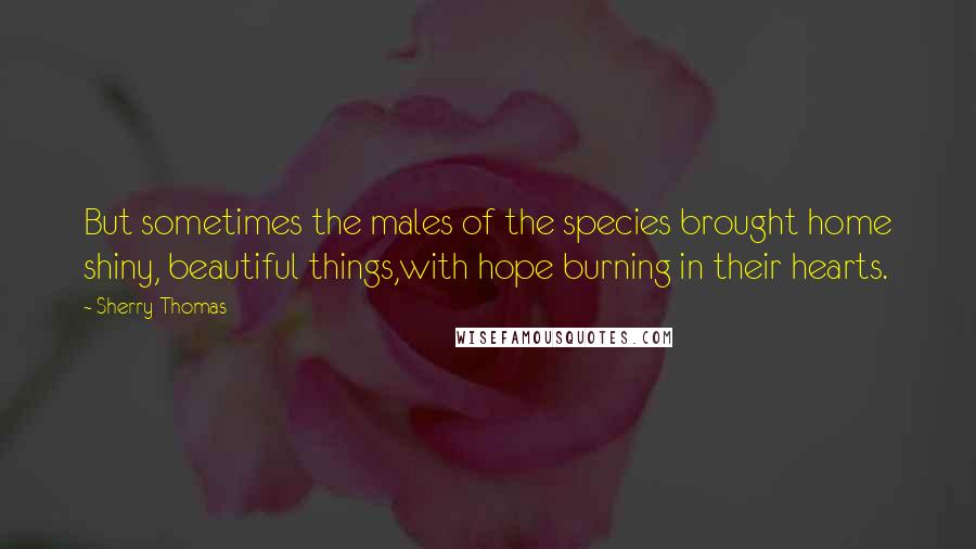 Sherry Thomas Quotes: But sometimes the males of the species brought home shiny, beautiful things,with hope burning in their hearts.