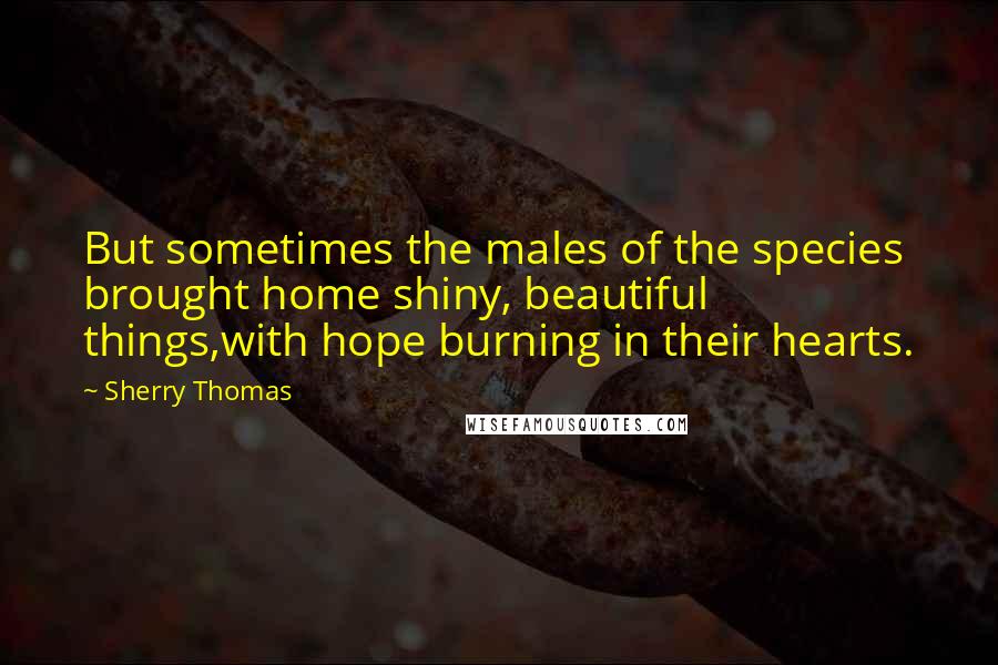Sherry Thomas Quotes: But sometimes the males of the species brought home shiny, beautiful things,with hope burning in their hearts.