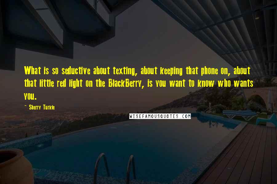 Sherry Turkle Quotes: What is so seductive about texting, about keeping that phone on, about that little red light on the BlackBerry, is you want to know who wants you.