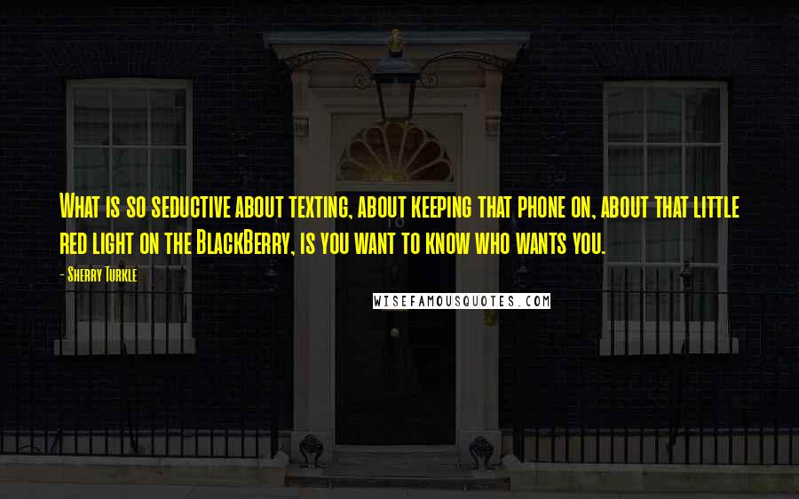 Sherry Turkle Quotes: What is so seductive about texting, about keeping that phone on, about that little red light on the BlackBerry, is you want to know who wants you.