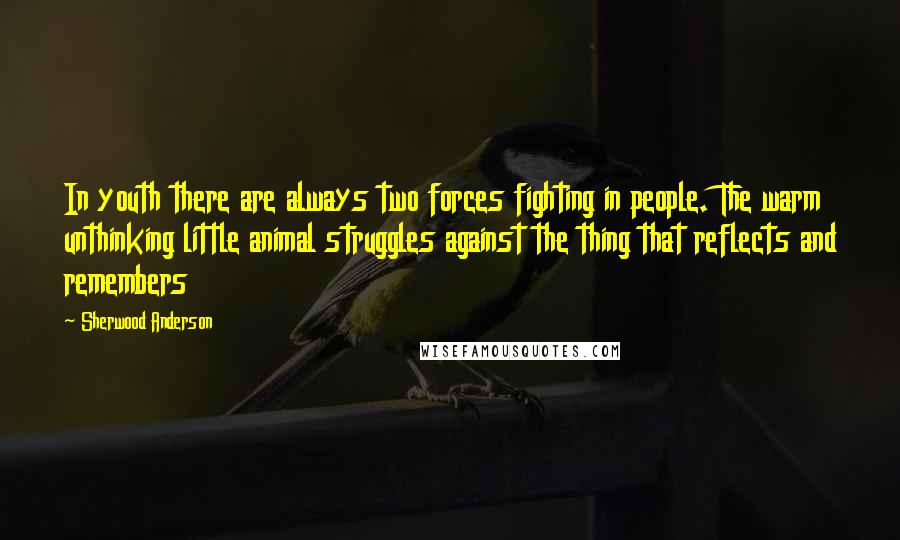 Sherwood Anderson Quotes: In youth there are always two forces fighting in people. The warm unthinking little animal struggles against the thing that reflects and remembers