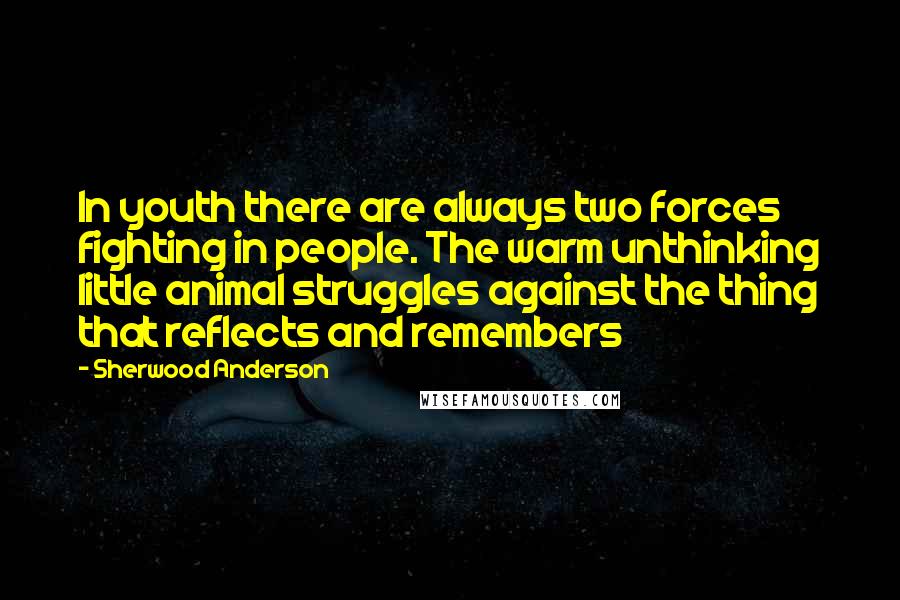 Sherwood Anderson Quotes: In youth there are always two forces fighting in people. The warm unthinking little animal struggles against the thing that reflects and remembers