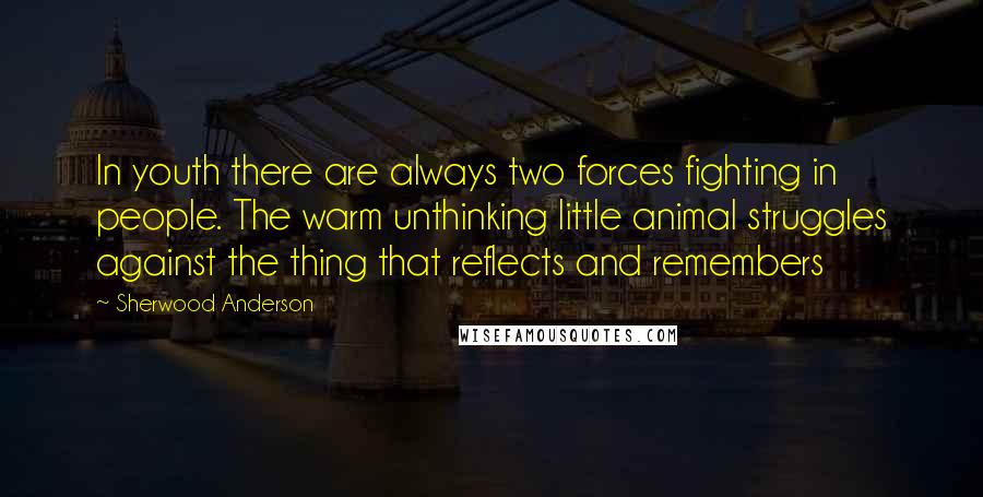 Sherwood Anderson Quotes: In youth there are always two forces fighting in people. The warm unthinking little animal struggles against the thing that reflects and remembers