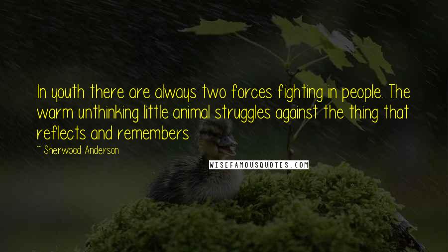 Sherwood Anderson Quotes: In youth there are always two forces fighting in people. The warm unthinking little animal struggles against the thing that reflects and remembers