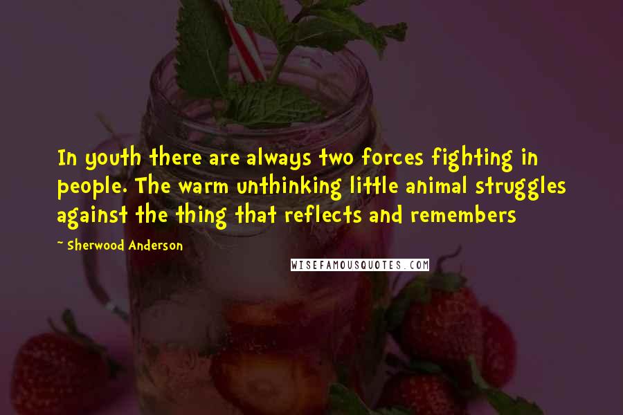 Sherwood Anderson Quotes: In youth there are always two forces fighting in people. The warm unthinking little animal struggles against the thing that reflects and remembers