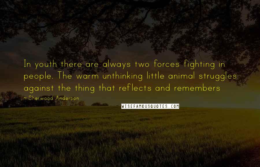 Sherwood Anderson Quotes: In youth there are always two forces fighting in people. The warm unthinking little animal struggles against the thing that reflects and remembers