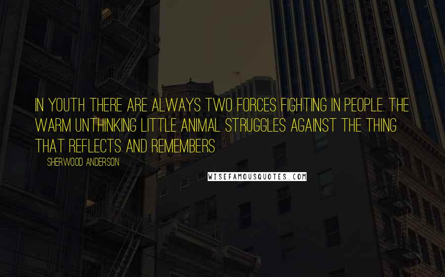 Sherwood Anderson Quotes: In youth there are always two forces fighting in people. The warm unthinking little animal struggles against the thing that reflects and remembers