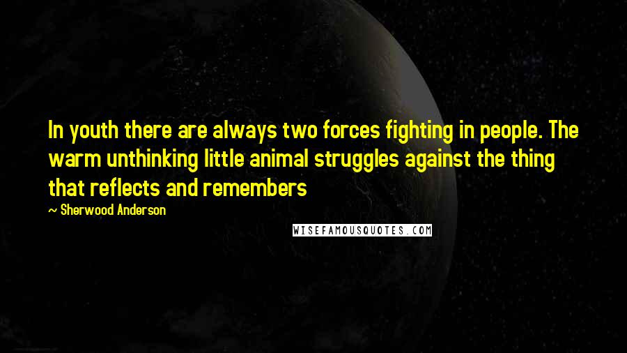 Sherwood Anderson Quotes: In youth there are always two forces fighting in people. The warm unthinking little animal struggles against the thing that reflects and remembers