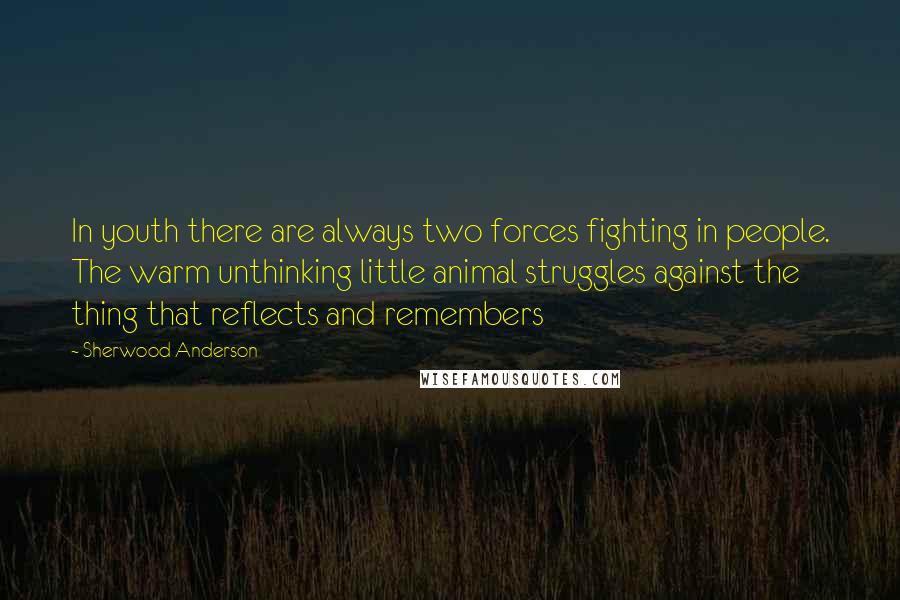 Sherwood Anderson Quotes: In youth there are always two forces fighting in people. The warm unthinking little animal struggles against the thing that reflects and remembers