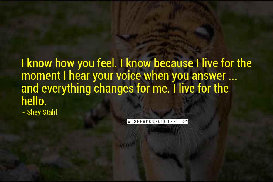 Shey Stahl Quotes: I know how you feel. I know because I live for the moment I hear your voice when you answer ... and everything changes for me. I live for the hello.