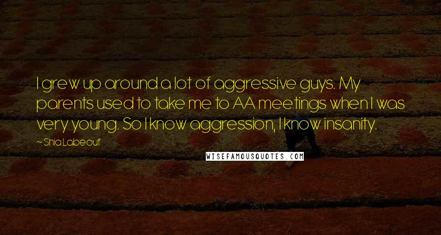 Shia Labeouf Quotes: I grew up around a lot of aggressive guys. My parents used to take me to AA meetings when I was very young. So I know aggression, I know insanity.