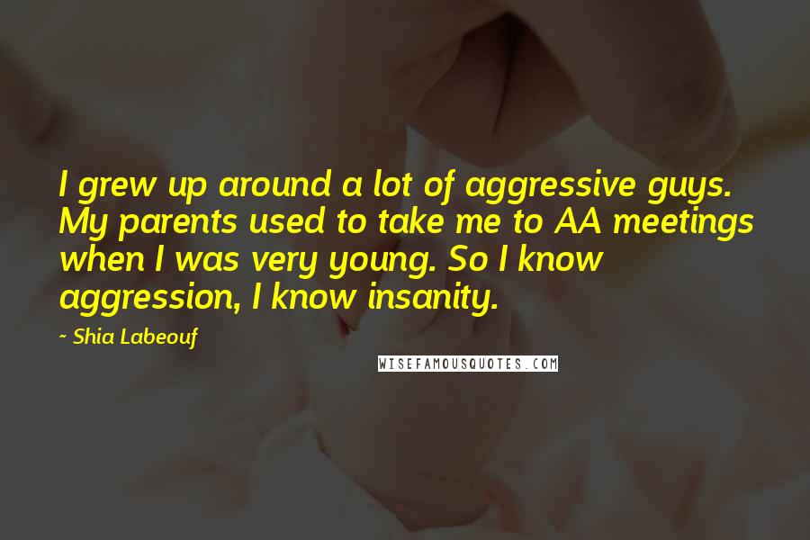 Shia Labeouf Quotes: I grew up around a lot of aggressive guys. My parents used to take me to AA meetings when I was very young. So I know aggression, I know insanity.
