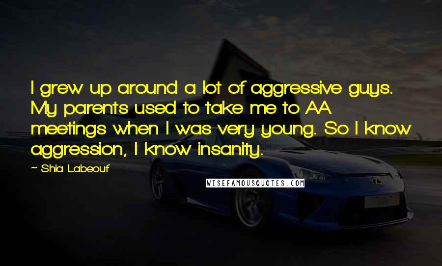 Shia Labeouf Quotes: I grew up around a lot of aggressive guys. My parents used to take me to AA meetings when I was very young. So I know aggression, I know insanity.