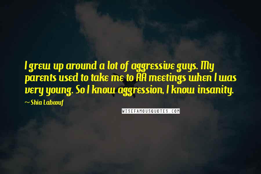 Shia Labeouf Quotes: I grew up around a lot of aggressive guys. My parents used to take me to AA meetings when I was very young. So I know aggression, I know insanity.