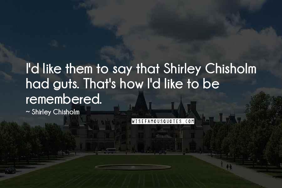 Shirley Chisholm Quotes: I'd like them to say that Shirley Chisholm had guts. That's how I'd like to be remembered.