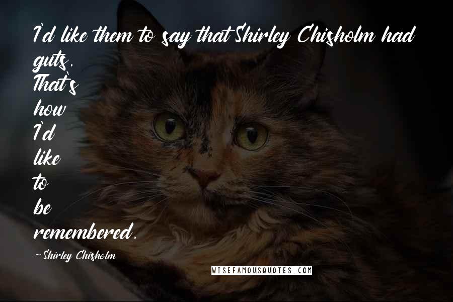 Shirley Chisholm Quotes: I'd like them to say that Shirley Chisholm had guts. That's how I'd like to be remembered.