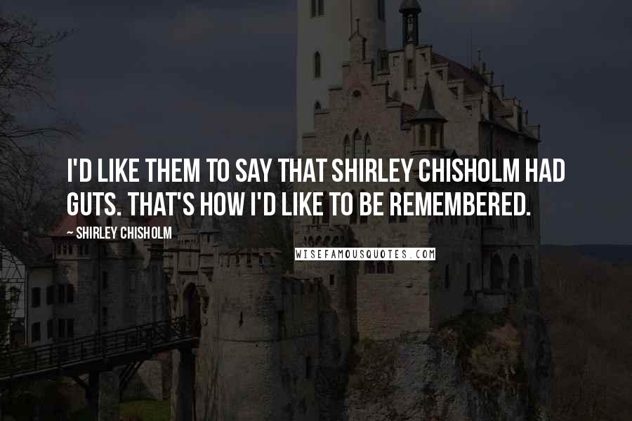 Shirley Chisholm Quotes: I'd like them to say that Shirley Chisholm had guts. That's how I'd like to be remembered.