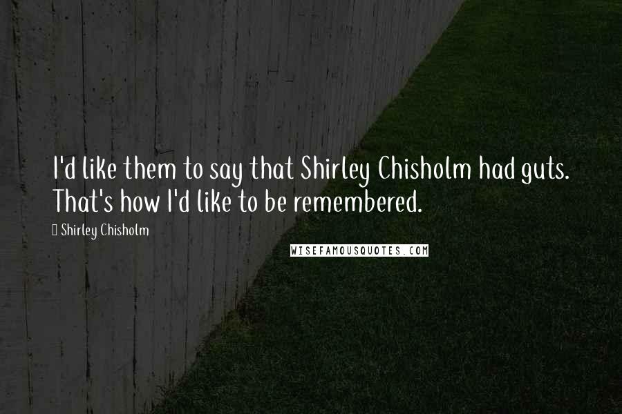 Shirley Chisholm Quotes: I'd like them to say that Shirley Chisholm had guts. That's how I'd like to be remembered.