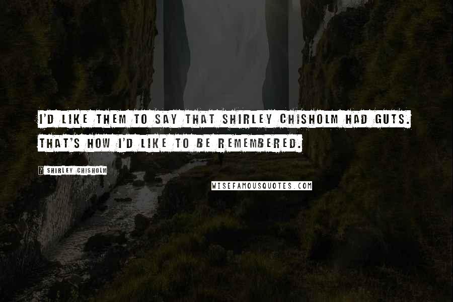 Shirley Chisholm Quotes: I'd like them to say that Shirley Chisholm had guts. That's how I'd like to be remembered.